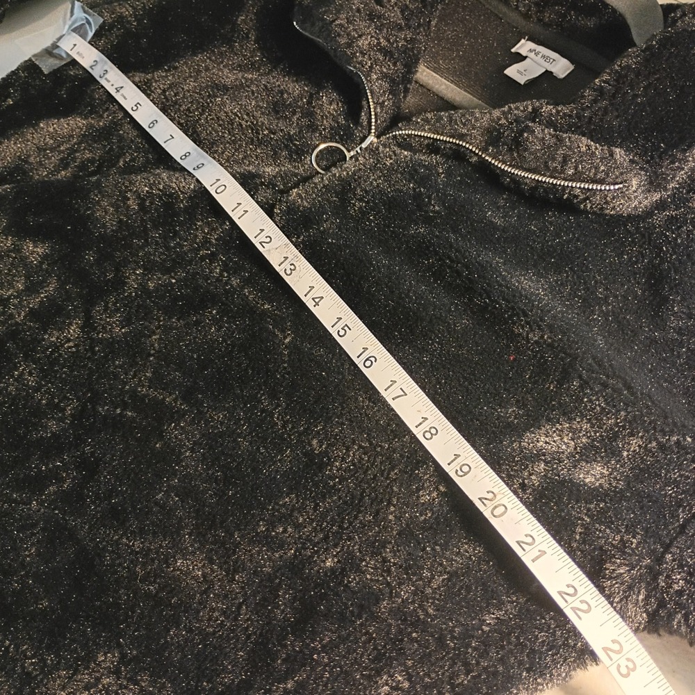 Nine West Womens Black Faux Fur Quarter Zip Pullover Sweater Large Ribbed Trim - Picture 6 of 8
